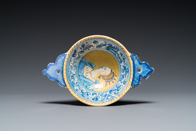 An extremely rare Antwerp maiolica porringer with the portrait of a queen or goddess, last quarter 16th C.