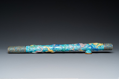 A rare Chinese porcelain Wang Bing Rong-style 'nine dragons' opium pipe in fine wooden box, late 19th C.