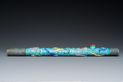 A rare Chinese porcelain Wang Bing Rong-style 'nine dragons' opium pipe in fine wooden box, late 19th C.