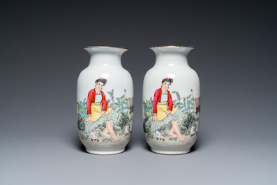 Two pairs of Chinese vases with Cultural Revolution design, one signed Kang Zhicheng 康志誠, Zhong Guo Jingdezhen Zhi 中國景德鎮製 mark