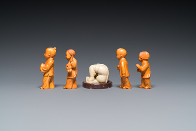 Nine Chinese Cultural Revolution sculptures in wood, jade and soapstone
