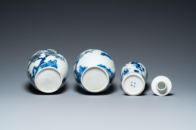 A pair of Chinese blue, white and copper-red vases, a blue and white covered vase and a Canton famille rose box and cover, 19/20th C.