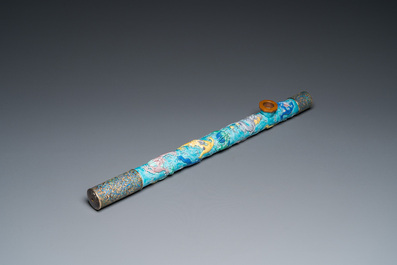 A rare Chinese porcelain Wang Bing Rong-style 'nine dragons' opium pipe in fine wooden box, late 19th C.