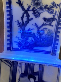 Een Chinese blauw-witte 'gu' vaas met erotisch decor onderop, Kangxi