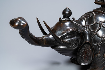 A monumental Japanese bronze 'koro' or censer in the shape of an elephant carrying a watchtower, Edo/Meiji, 19th C.