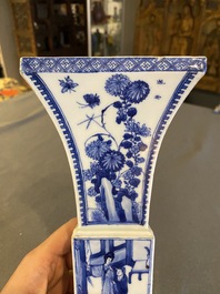 A Chinese blue and white square 'gu' vase with erotical scene on the base, Kangxi