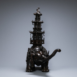 A monumental Japanese bronze 'koro' or censer in the shape of an elephant carrying a watchtower, Edo/Meiji, 19th C.