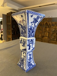 A Chinese blue and white square 'gu' vase with erotical scene on the base, Kangxi