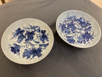 A pair of Chinese blue and white 'squirrel and grapevine' dishes, Qianlong