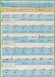Five Chinese Cultural Revolution propaganda posters with swimming and gymnastics instructions