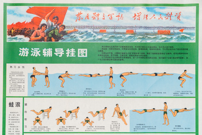 Cinq affiches de propagande de la R&eacute;volution Culturelle aux instructions de gymnastique et de natation, Chine