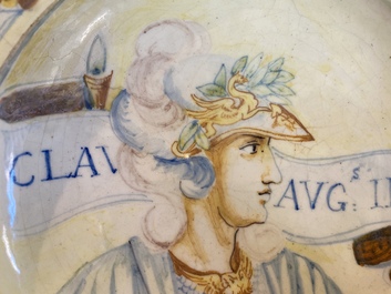 An Italian maiolica portrait dish depicting the Roman emperor Claudius, 17th C.