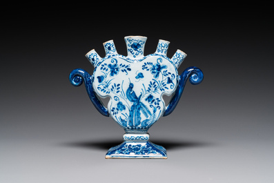 A blue and white Dutch Delft heart-shaped tulip vase with a lady with cornucopia, 18th C.