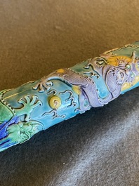 A rare Chinese porcelain Wang Bing Rong-style 'nine dragons' opium pipe in fine wooden box, late 19th C.