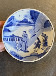 A Chinese blue and white saucer dish with the poet Wang Xizhi, Yi You Ding Yu Ya Zhi 益友鼎玉雅製 mark, Kangxi