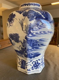 A Chinese blue and white octagonal vase, Transitional period