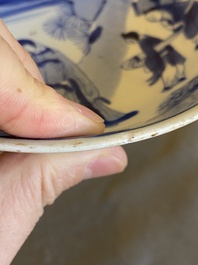 A Chinese blue and white saucer dish with the poet Wang Xizhi, Yi You Ding Yu Ya Zhi 益友鼎玉雅製 mark, Kangxi