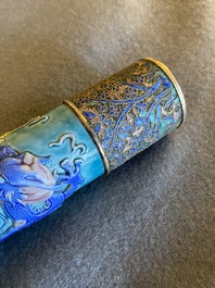 A rare Chinese porcelain Wang Bing Rong-style 'nine dragons' opium pipe in fine wooden box, late 19th C.