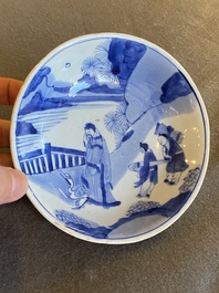 A Chinese blue and white saucer dish with the poet Wang Xizhi, Yi You Ding Yu Ya Zhi 益友鼎玉雅製 mark, Kangxi