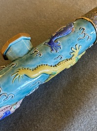 A rare Chinese porcelain Wang Bing Rong-style 'nine dragons' opium pipe in fine wooden box, late 19th C.