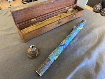 A rare Chinese porcelain Wang Bing Rong-style 'nine dragons' opium pipe in fine wooden box, late 19th C.