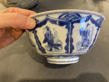 A Chinese blue and white bowl and a brown-ground vase, Wanli and Kangxi marks, Ming and later