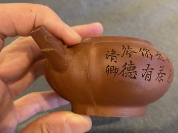 A Chinese Yixing stoneware teapot and cover, signed Chen Jinhou 陳覲候, Republic