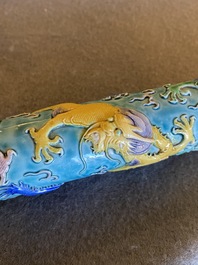 A rare Chinese porcelain Wang Bing Rong-style 'nine dragons' opium pipe in fine wooden box, late 19th C.