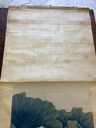 Chen Peiqiu 陳佩秋 (1922-2020): 'Mandarijneenden in een lotusvijver', inkt en kleur op zijde, gedateerd 1961