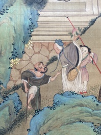 Chinese school, after Zhou Chen (1460-1535): River scene with immortals, ink and colour on silk, 18th C.