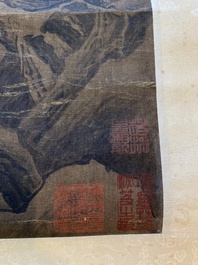 Chinese school: 'Een wijze met twee leerlingen in een bergachtig landschap', inkt en kleur op zijde, Ming