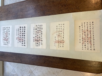 Chinese school: Five vertical calligraphy writings with signatures of celebrities, ink and colour on paper