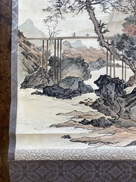 Wu Tong 吴桐 (1975-): &lsquo;Un lettr&eacute; et son &eacute;l&egrave;ve sur un pont&rsquo;, encre et couleurs sur papier