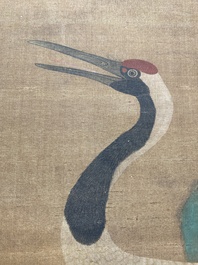 Chinese school: 'Kraanvogels onder een naaldboom', inkt en kleur op zijde, Ming