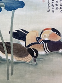 Chen Peiqiu 陳佩秋 (1922-2020): 'Canards mandarins dans un &eacute;tang de lotus', encre et couleurs sur soie, dat&eacute; 1961