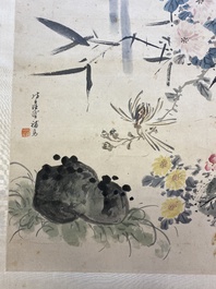 Navolger van Wang Xuetao 王雪濤 (1903-1982): 'Vogels bij bloesems' inkt en kleur op papier, gedateerd 1940
