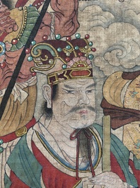Chinese school: 'Bodhisattva looking over a group of deities', ink and colour on silk, Qing