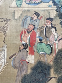 Chinese school, naar Zhou Chen (1460-1535): Riviersc&egrave;ne met onsterfelijken, inkt en kleur op zijde, 18e eeuw