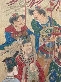 Chinese school: 'A procession of deities', ink and colour on silk, Qing
