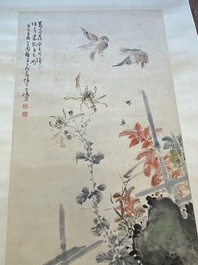 Suiveur de Wang Xuetao 王雪濤 (1903-1982): 'Oiseaux et fleurs', encre et couleurs sur papier, dat&eacute; 1940