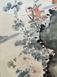 Suiveur de Wang Xuetao 王雪濤 (1903-1982): 'Oiseaux et fleurs', encre et couleurs sur papier, dat&eacute; 1940