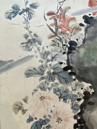 Navolger van Wang Xuetao 王雪濤 (1903-1982): 'Vogels bij bloesems' inkt en kleur op papier, gedateerd 1940