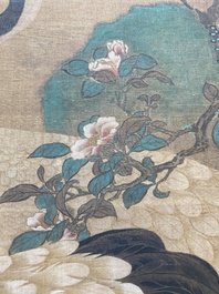 Chinese school: 'Kraanvogels onder een naaldboom', inkt en kleur op zijde, Ming