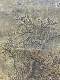 Chinese school: 'Landscape with a scholar and his servants', ink and colour on silk, Ming