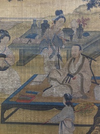 Chinese school: 'Elegant musical gathering', ink and colour on silk, probably Ming