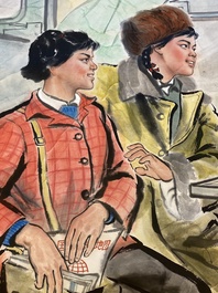 Chen Xiubai 陈修白 (20th C): Two students on their way to the countryside, watercolour on paper, dated 1974