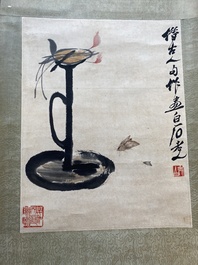 After Qi Baishi 齊白石 (1864-1957): 'Oil lamp and moths', ink and colour on paper