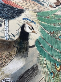 Yan Bolong 顏伯龍 (1898-1955): 'Peacocks and other birds among blossoming branches', ink and colour on paper
