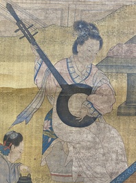 Chinese school: 'Elegant musical gathering', ink and colour on silk, probably Ming
