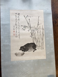 Pu Xinyu 溥心畬 (1896-1963): 'A pig resting by wisteria', ink and colour on paper